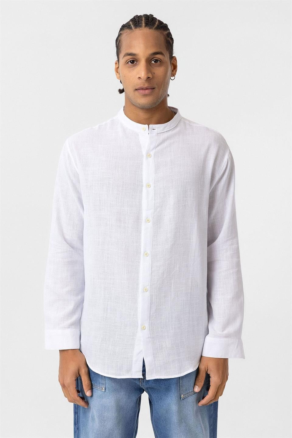 Oversized Long-Sleeved Cotton-Linen Shirt with a Stand-Up Collar