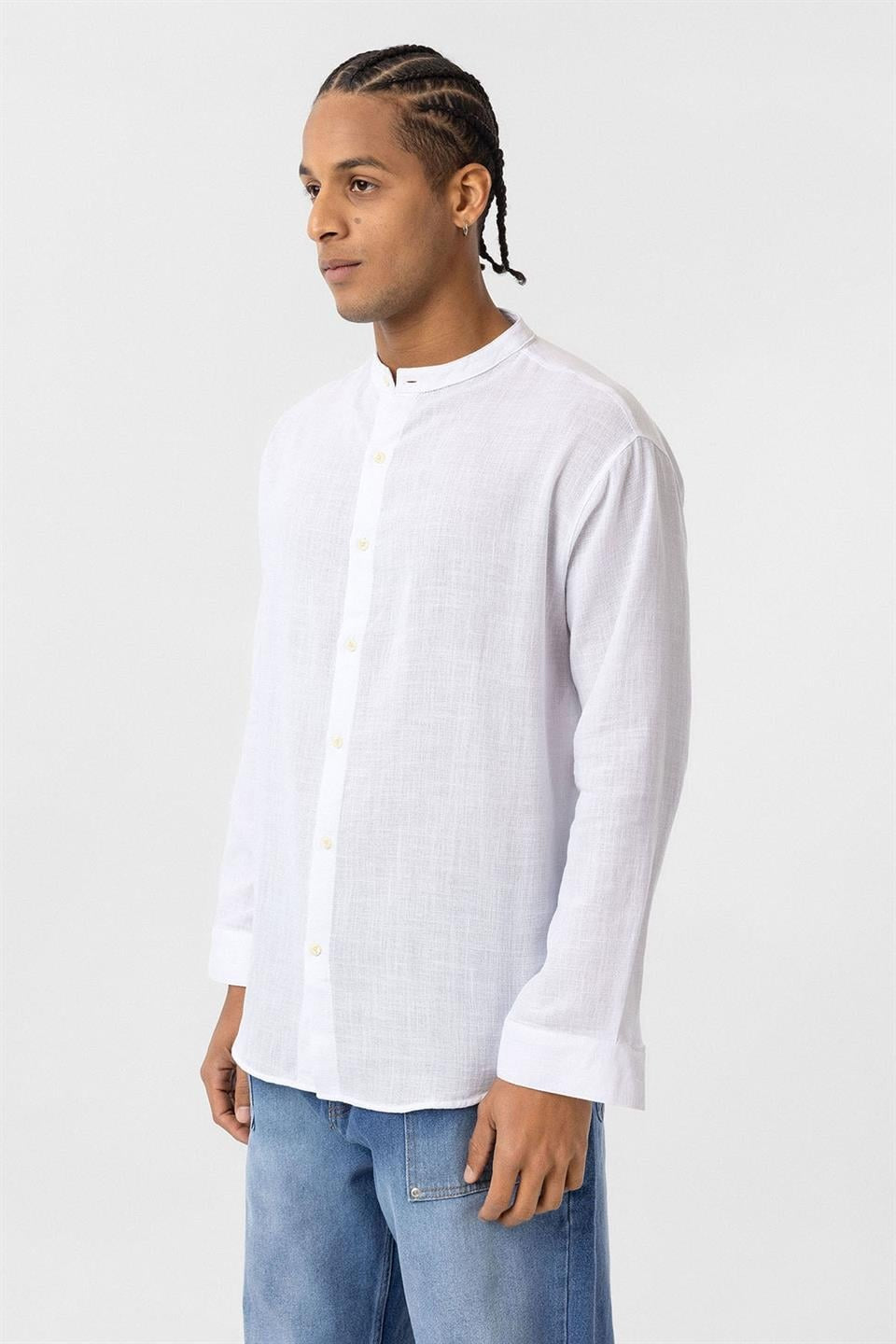 Oversized Long-Sleeved Cotton-Linen Shirt with a Stand-Up Collar