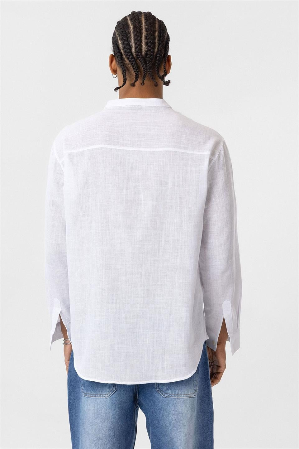 Oversized Long-Sleeved Cotton-Linen Shirt with a Stand-Up Collar