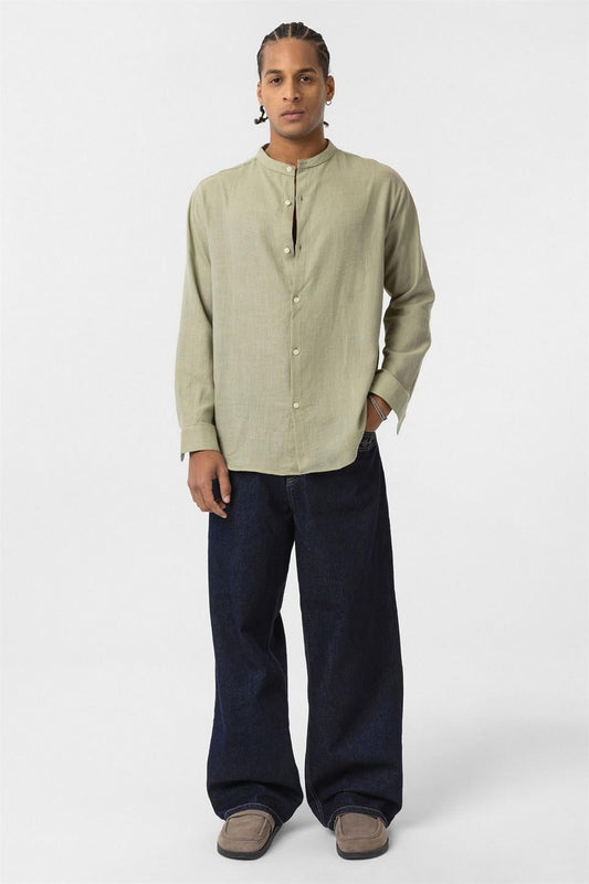 Oversized Long-Sleeved Cotton-Linen Shirt with a Stand-Up Collar