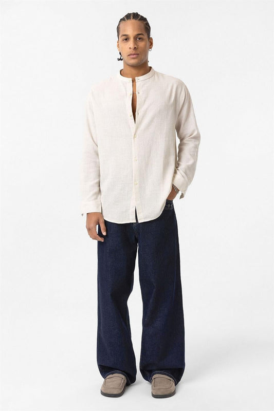 Oversized Long-Sleeved Cotton-Linen Shirt with a Stand-Up Collar