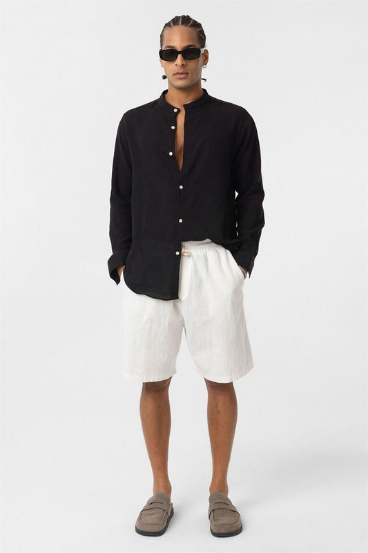 Oversized Long-Sleeved Cotton-Linen Shirt with a Stand-Up Collar