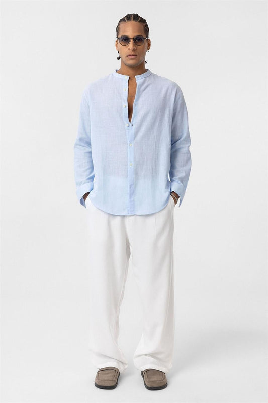 Oversized Long-Sleeved Cotton-Linen Shirt with a Stand-Up Collar