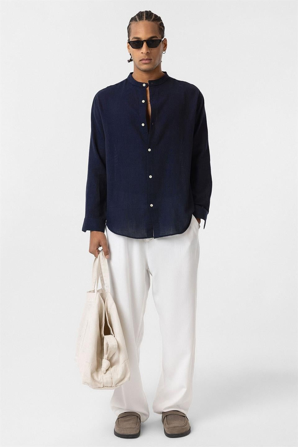 Oversized Long-Sleeved Cotton-Linen Shirt with a Stand-Up Collar