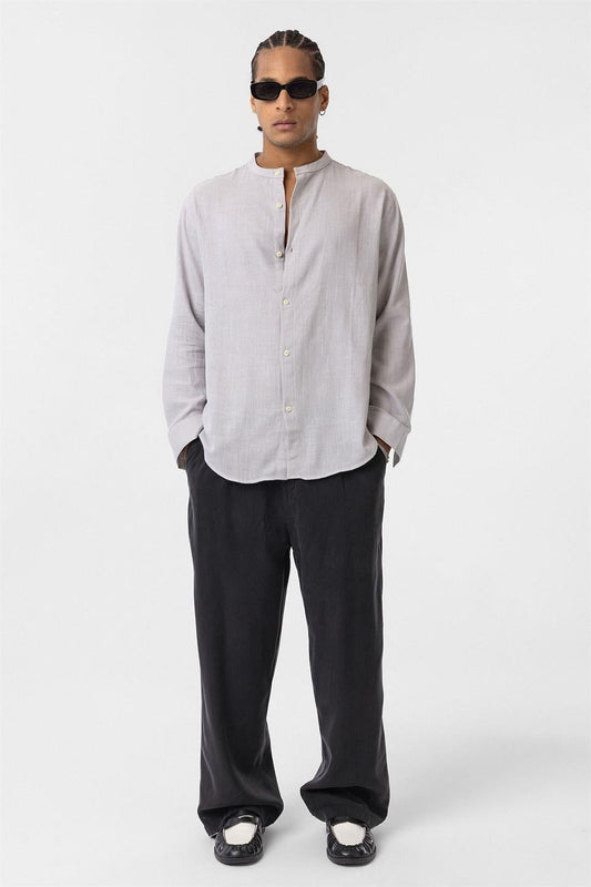 Oversized Long-Sleeved Cotton-Linen Shirt with a Stand-Up Collar