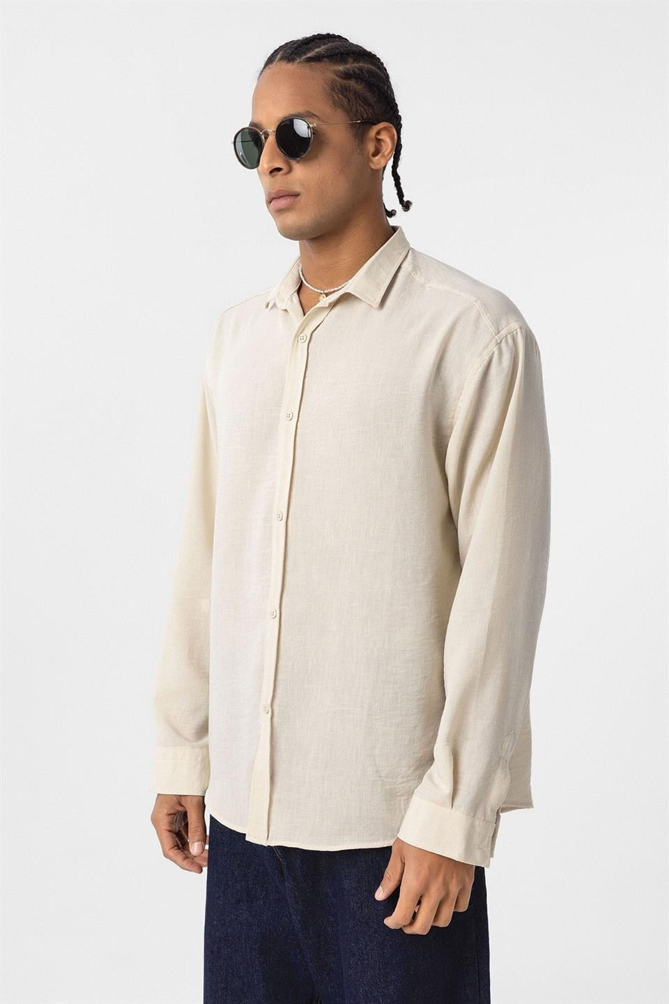 Basic Oversized Long-Sleeve Linen-Look Shirt