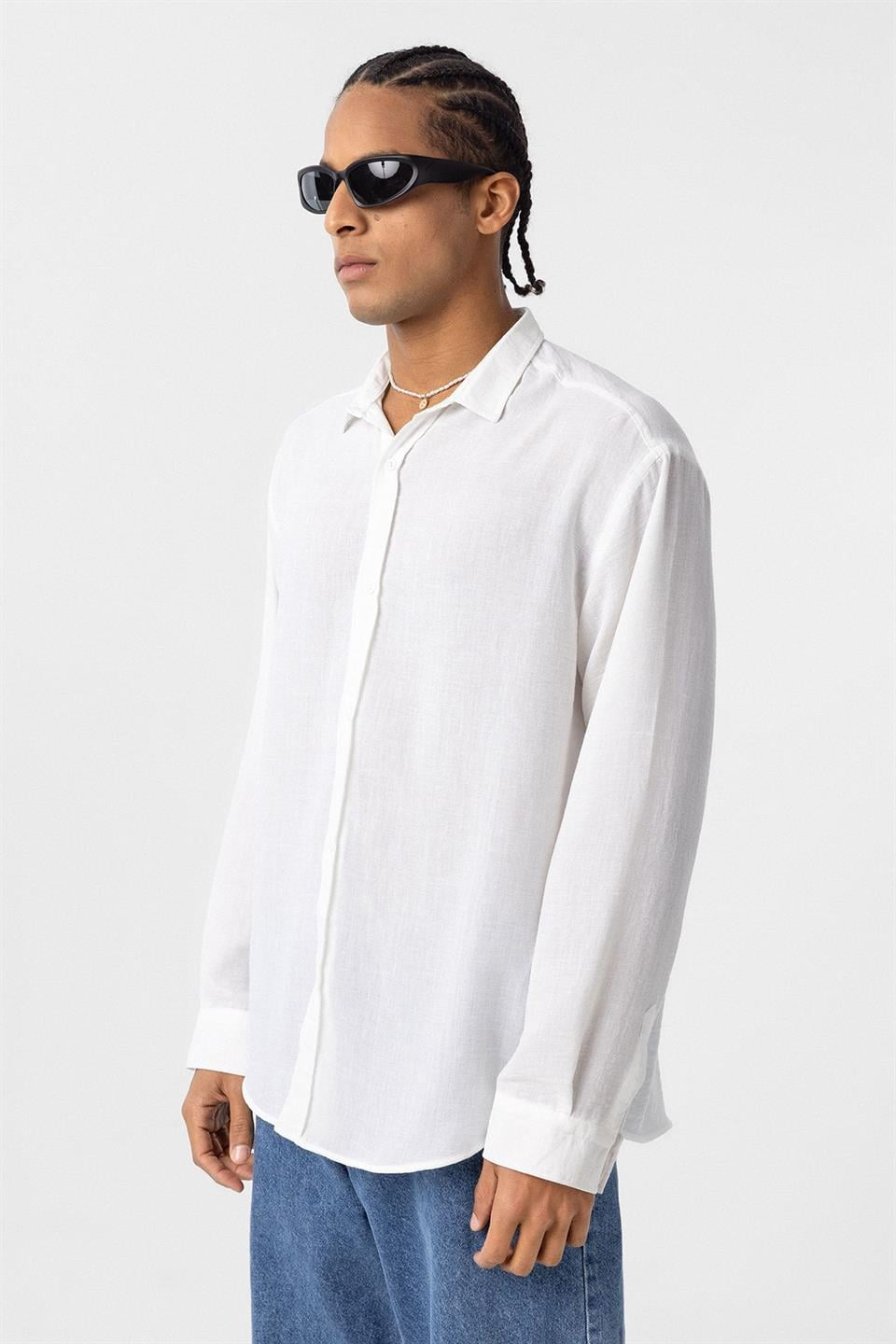 Basic Oversized Long-Sleeve Linen-Look Shirt