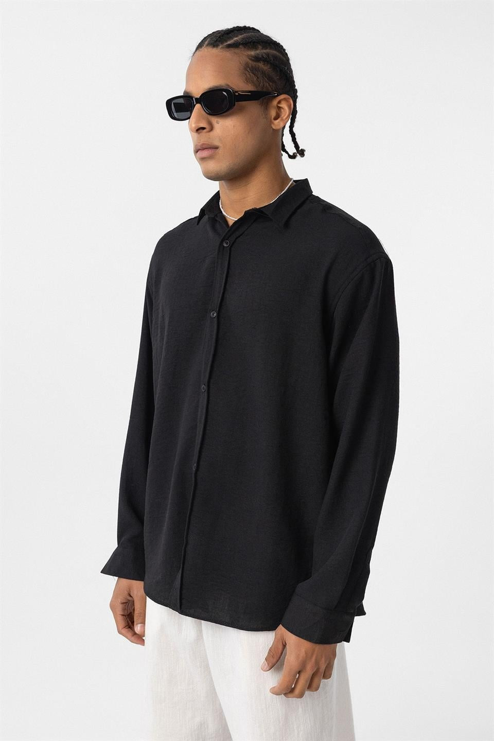 Basic Oversized Long-Sleeve Linen-Look Shirt