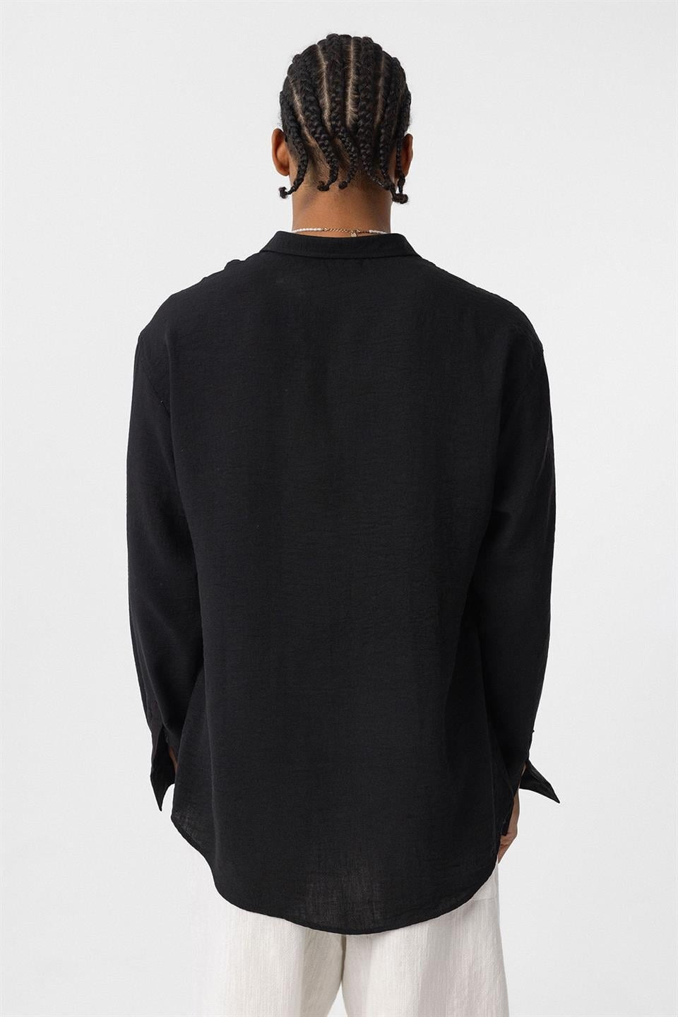 Basic Oversized Long-Sleeve Linen-Look Shirt
