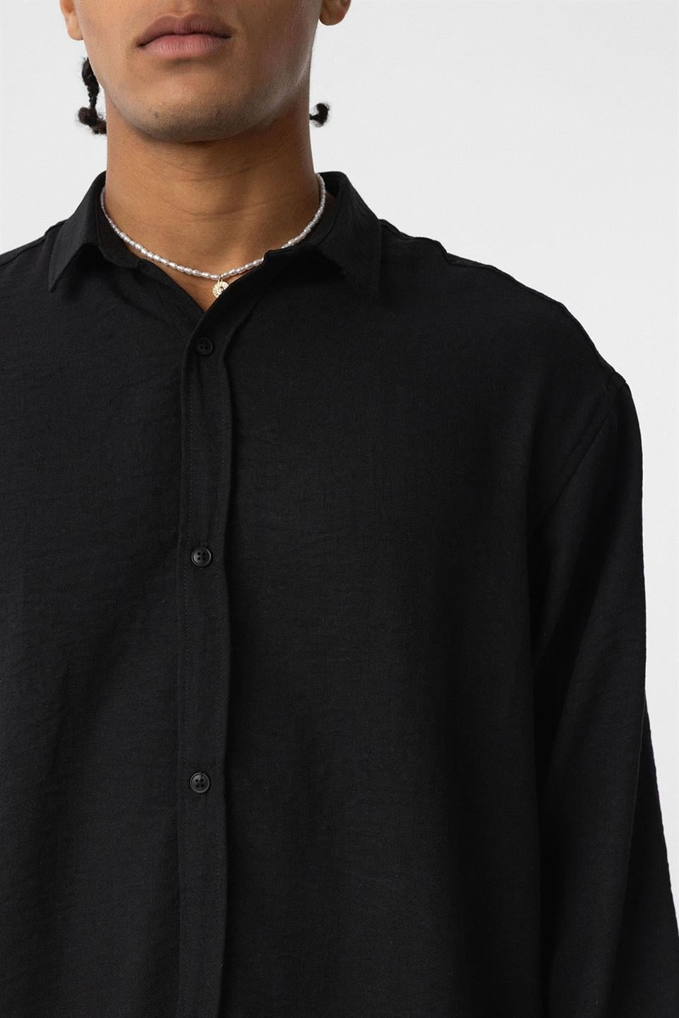 Basic Oversized Long-Sleeve Linen-Look Shirt