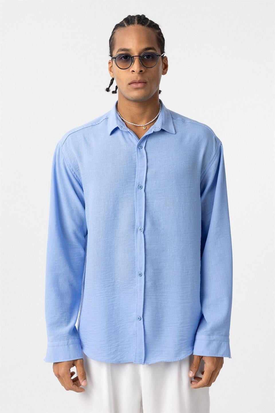 Basic Oversized Long-Sleeve Linen-Look Shirt