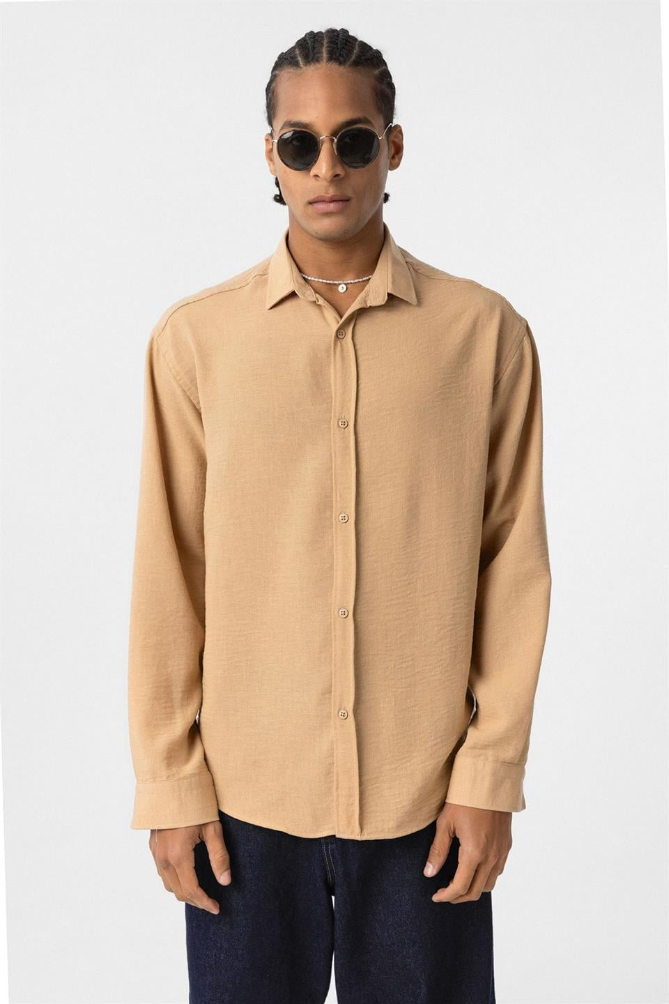 Basic Oversized Long-Sleeve Linen-Look Shirt