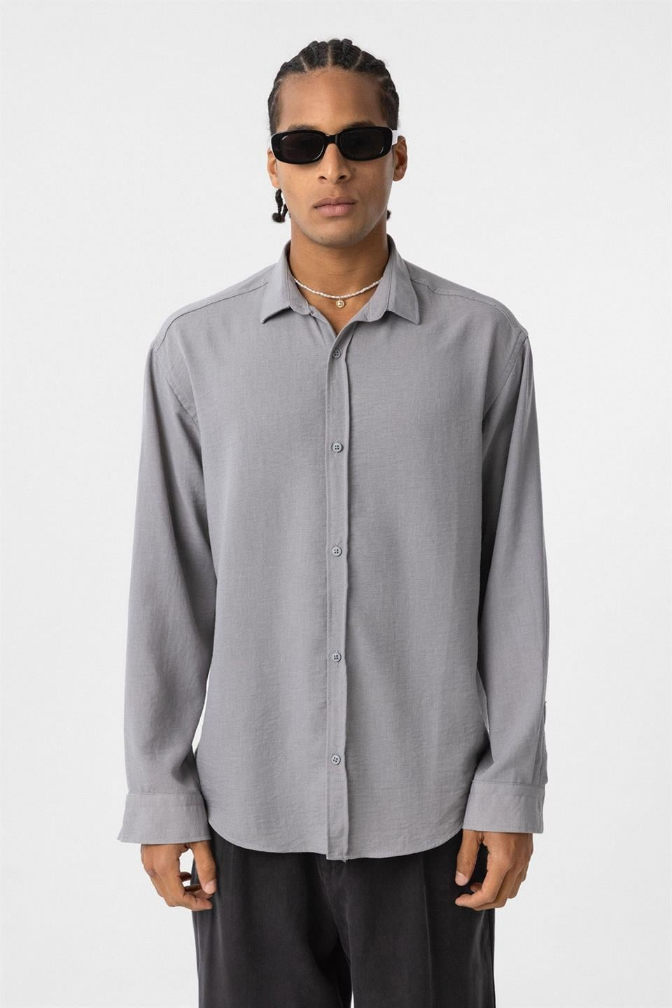 Basic Oversized Long-Sleeve Linen-Look Shirt