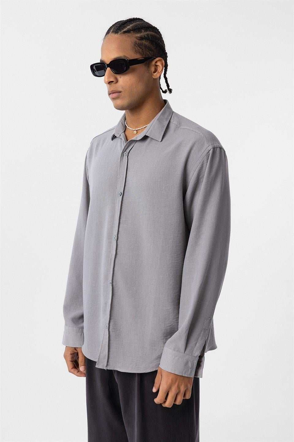 Basic Oversized Long-Sleeve Linen-Look Shirt