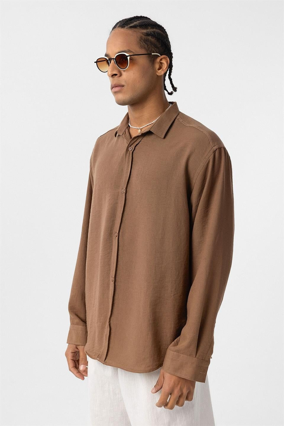 Basic Oversized Long-Sleeve Linen-Look Shirt