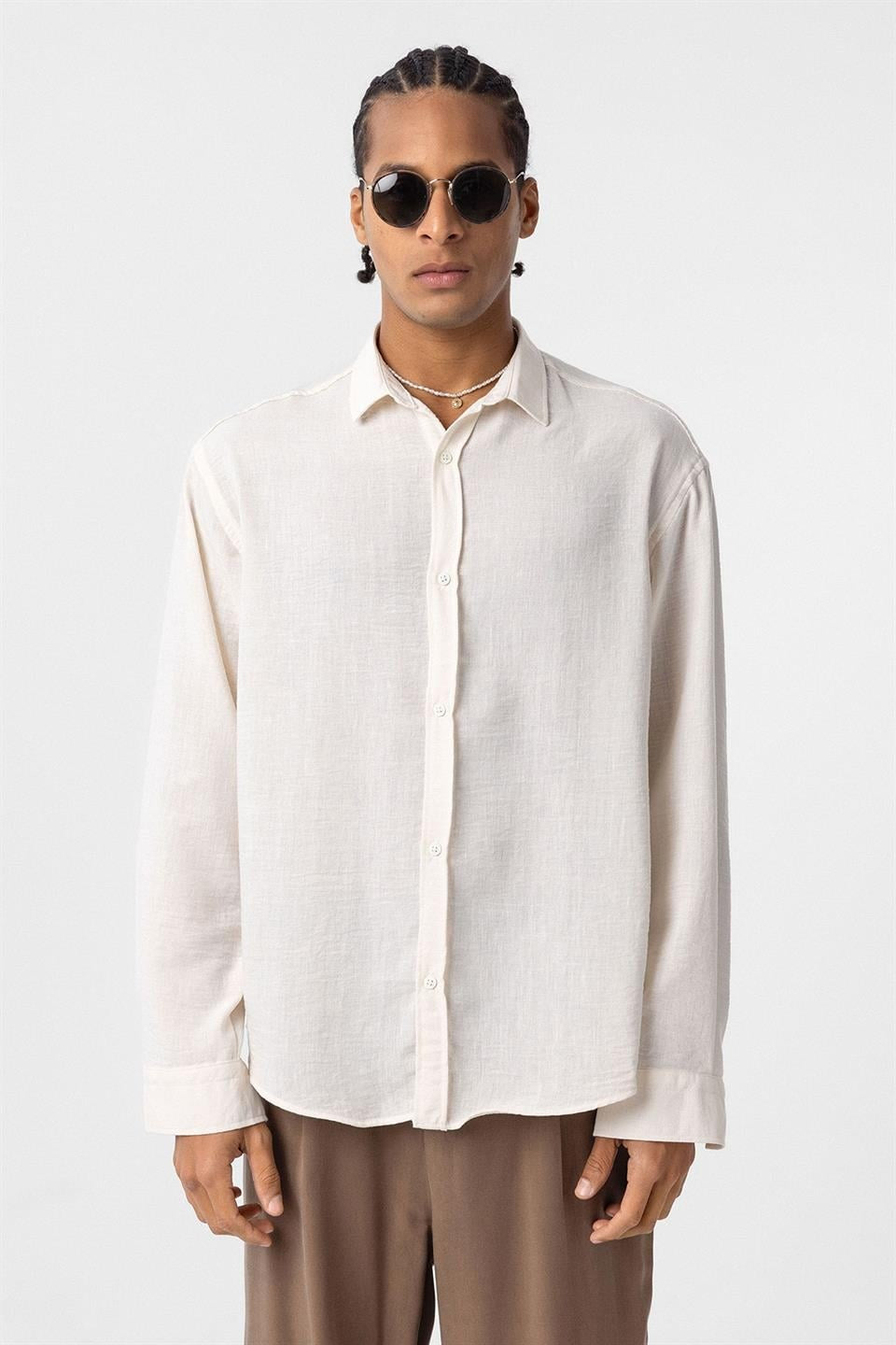 Basic Oversized Long-Sleeve Linen-Look Shirt