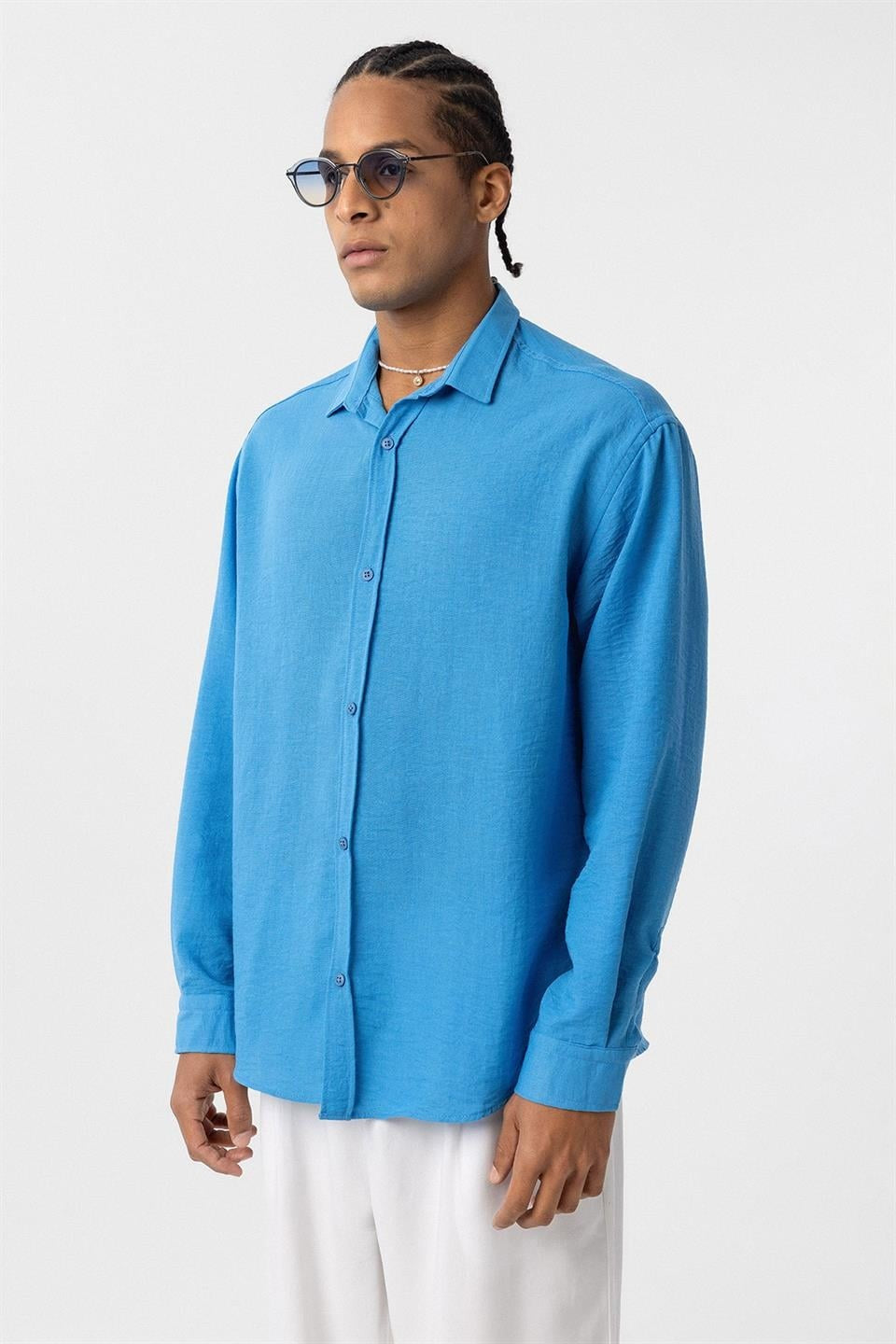Basic Oversized Long-Sleeve Linen-Look Shirt
