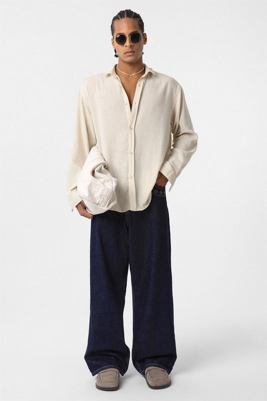 Basic Oversized Long-Sleeve Linen-Look Shirt
