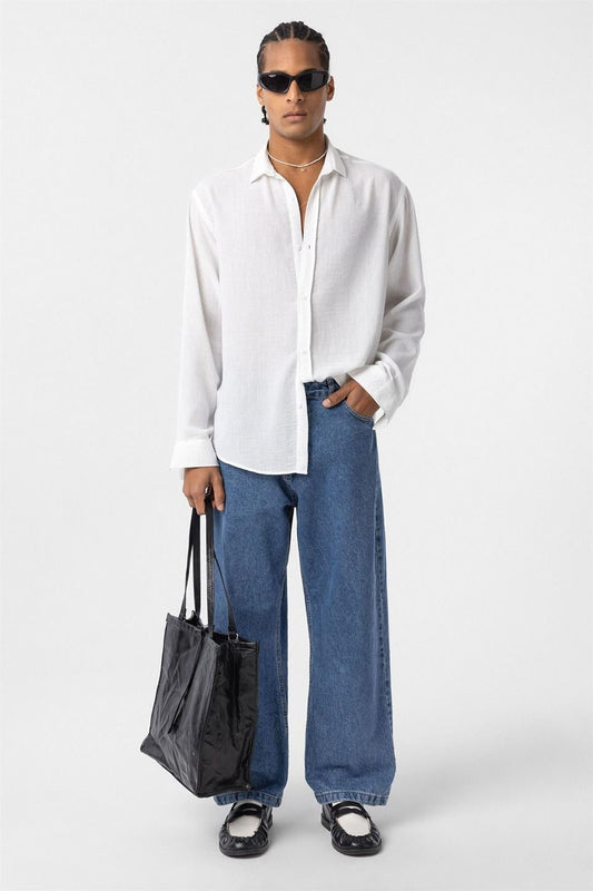 Basic Oversized Long-Sleeve Linen-Look Shirt