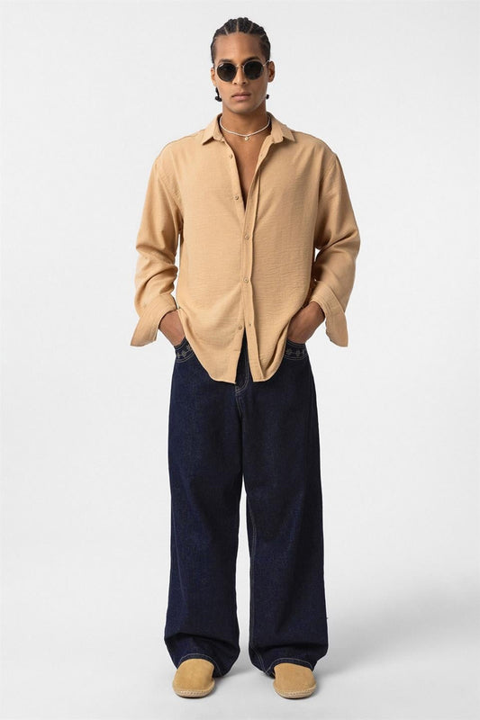 Basic Oversized Long-Sleeve Linen-Look Shirt