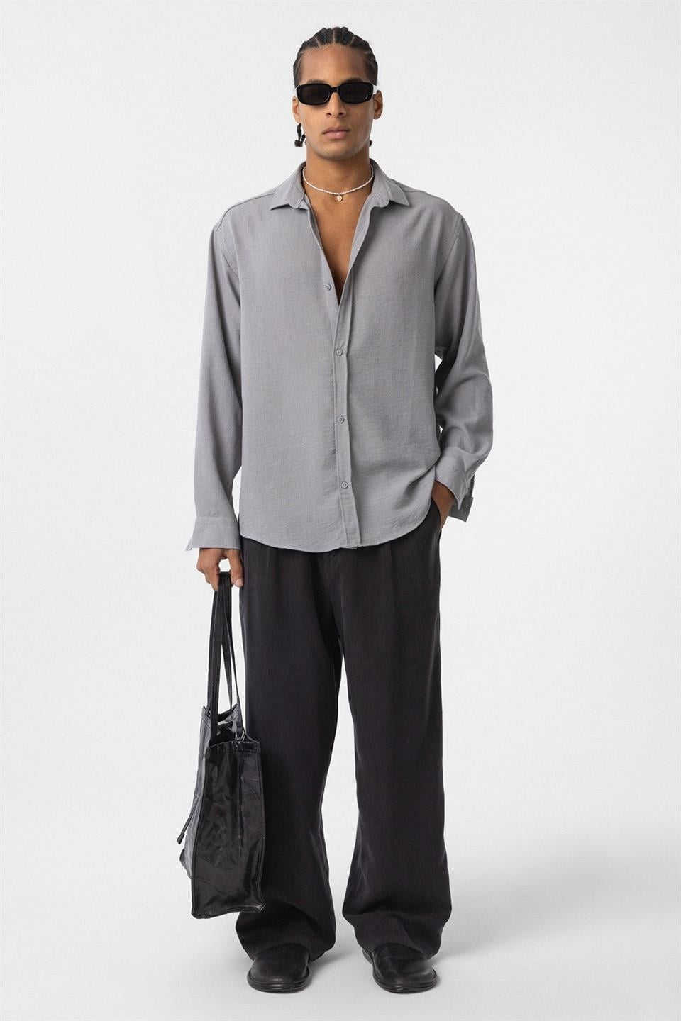 Basic Oversized Long-Sleeve Linen-Look Shirt