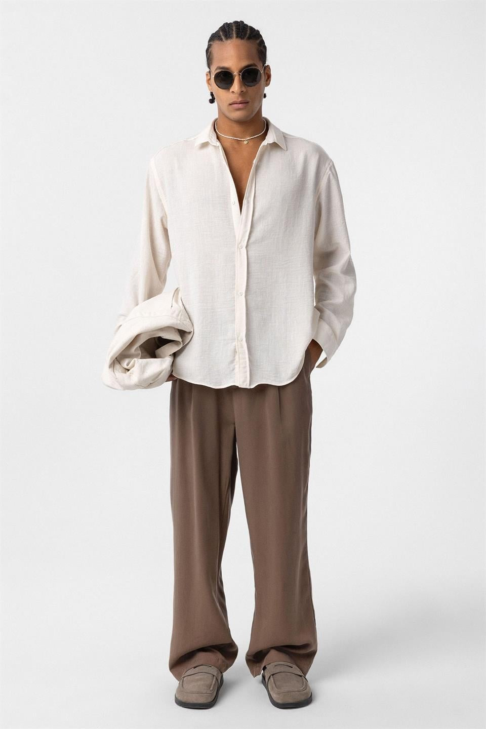 Basic Oversized Long-Sleeve Linen-Look Shirt