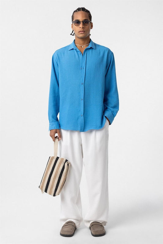 Basic Oversized Long-Sleeve Linen-Look Shirt