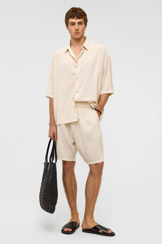 Oversized Striped Short-Sleeved Linen Shirt