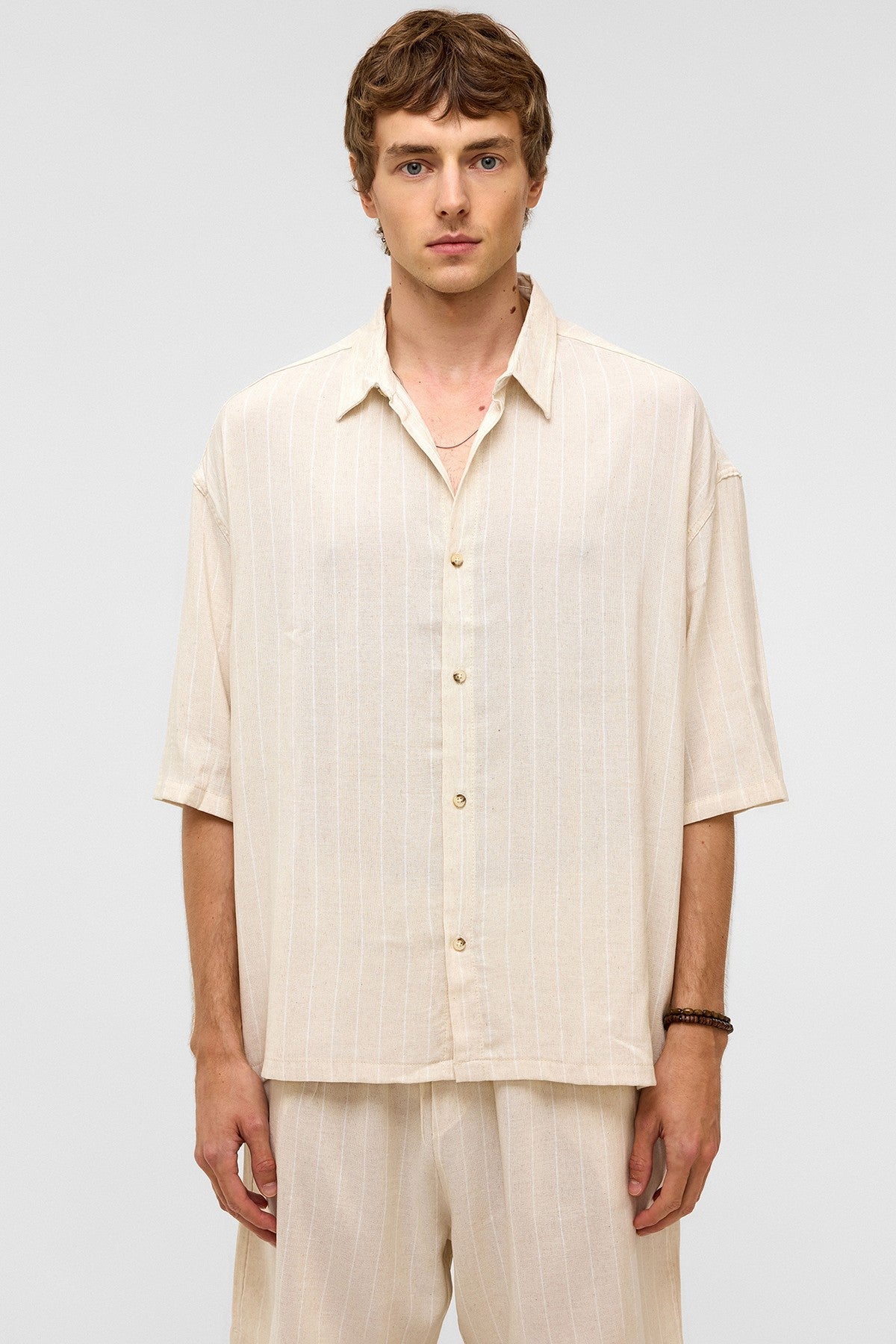 Oversized Striped Short-Sleeved Linen Shirt
