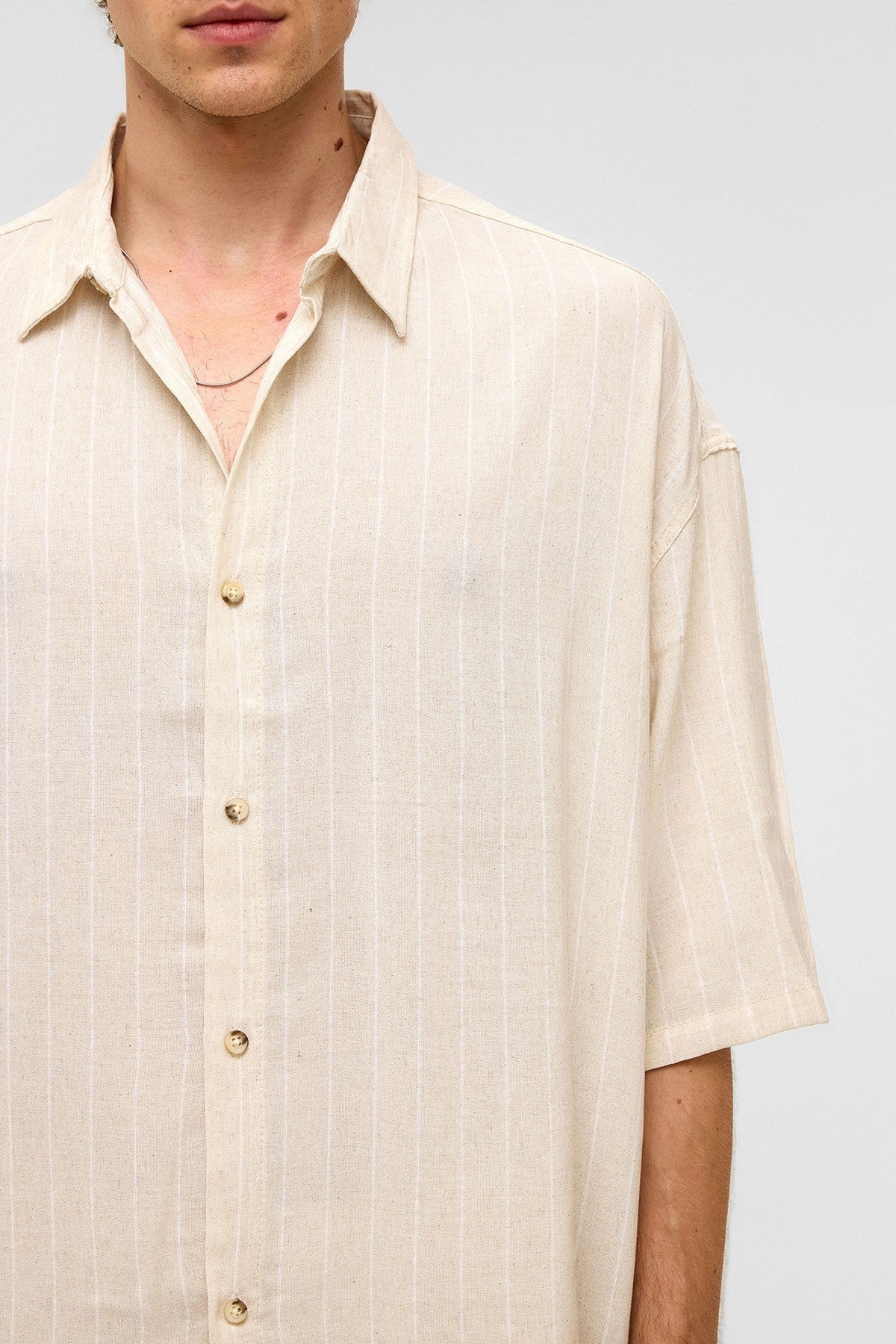 Oversized Striped Short-Sleeved Linen Shirt