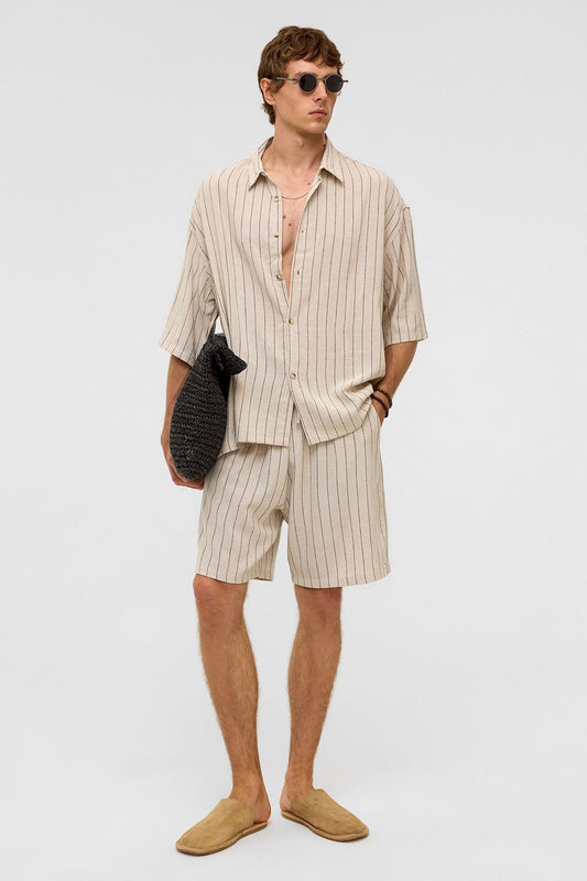 Oversized Striped Short-Sleeved Linen Shirt