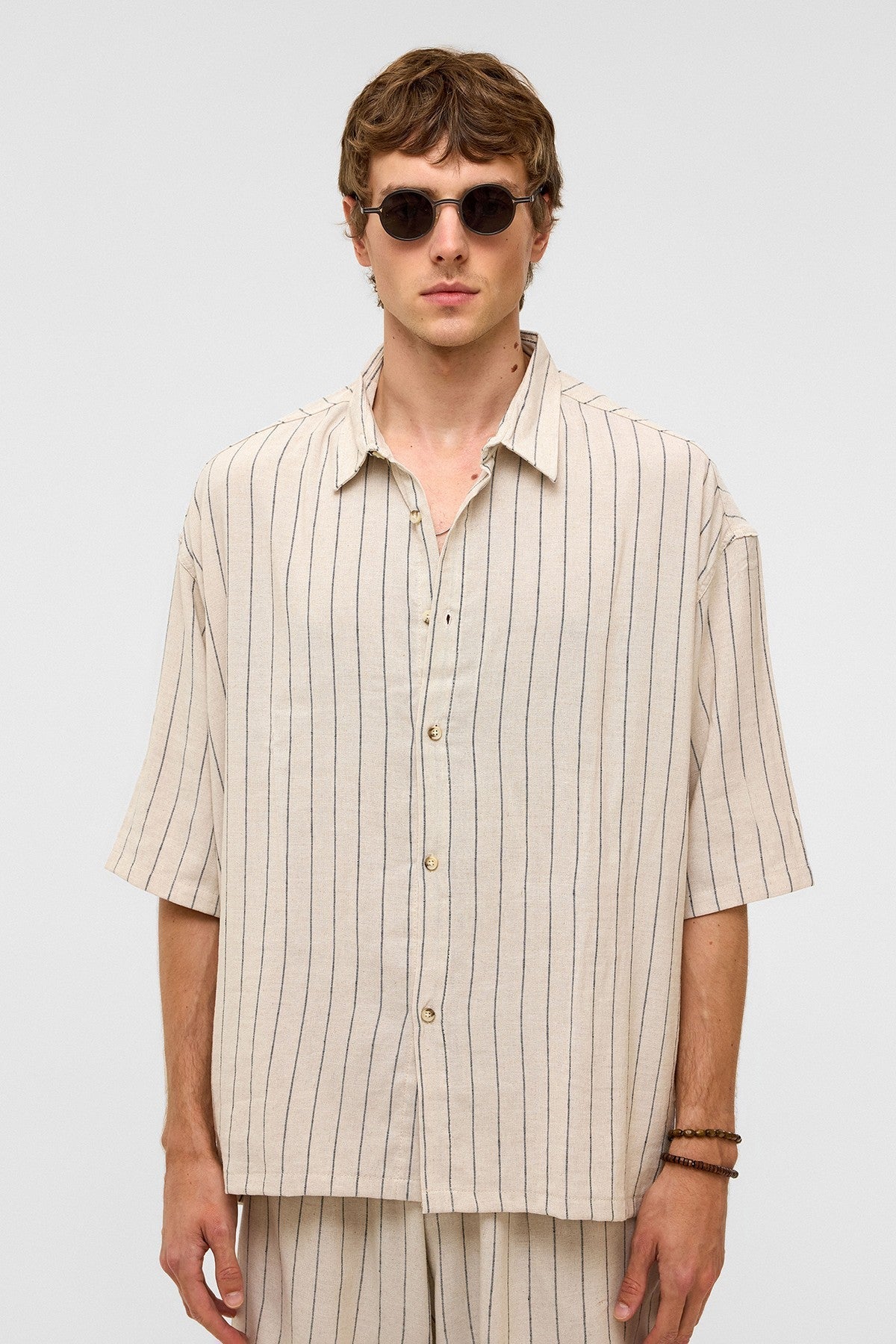 Oversized Striped Short-Sleeved Linen Shirt
