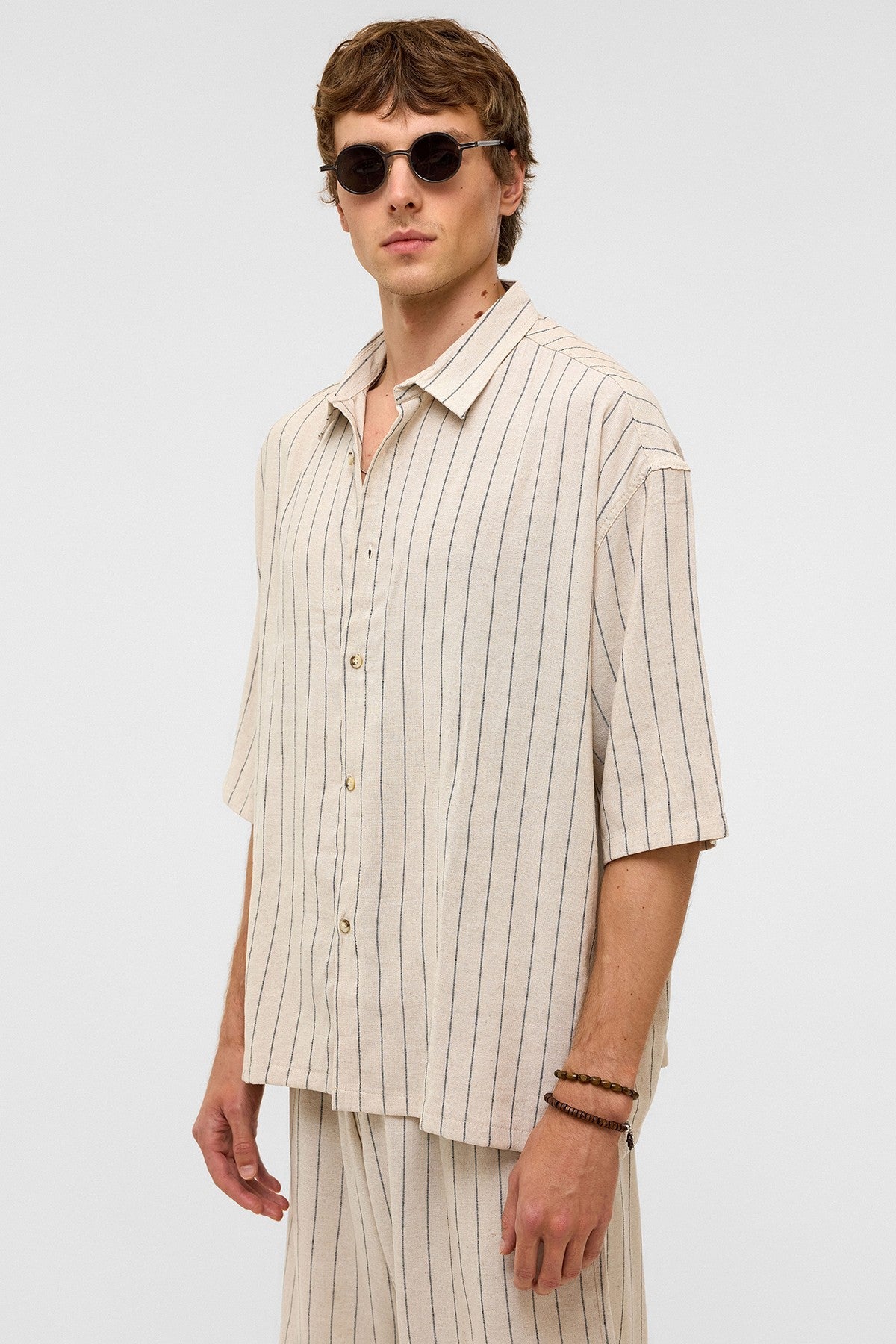 Oversized Striped Short-Sleeved Linen Shirt
