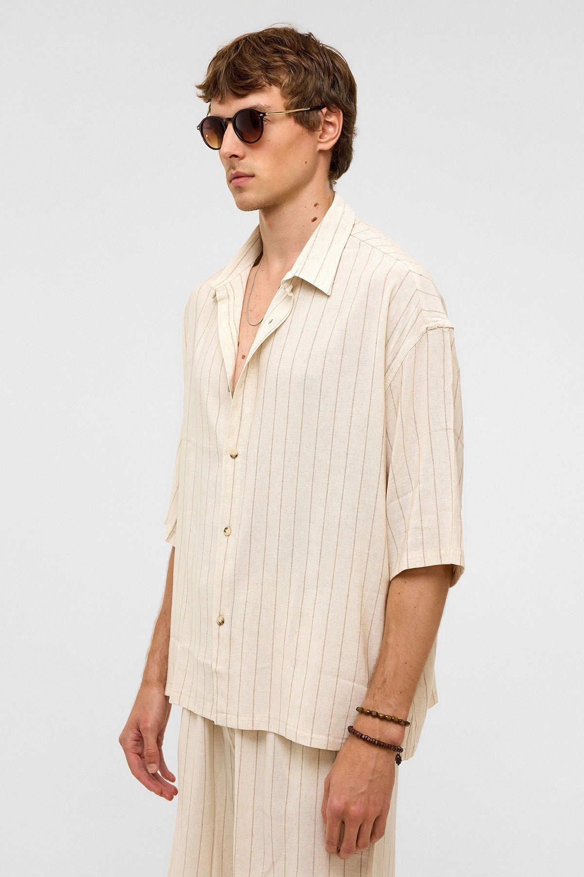 Oversized Striped Short-Sleeved Linen Shirt