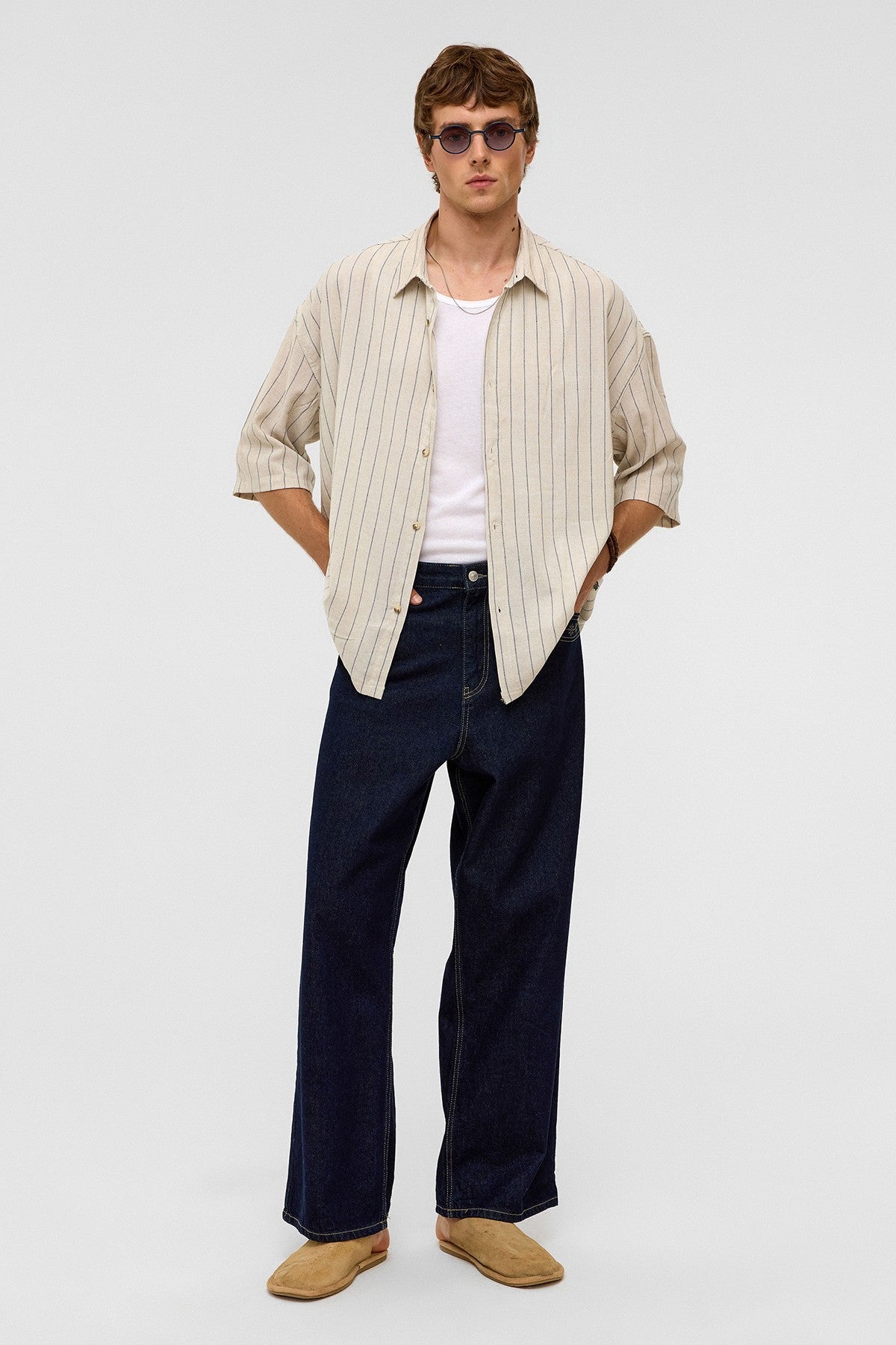 Oversized Striped Short-Sleeved Linen Shirt