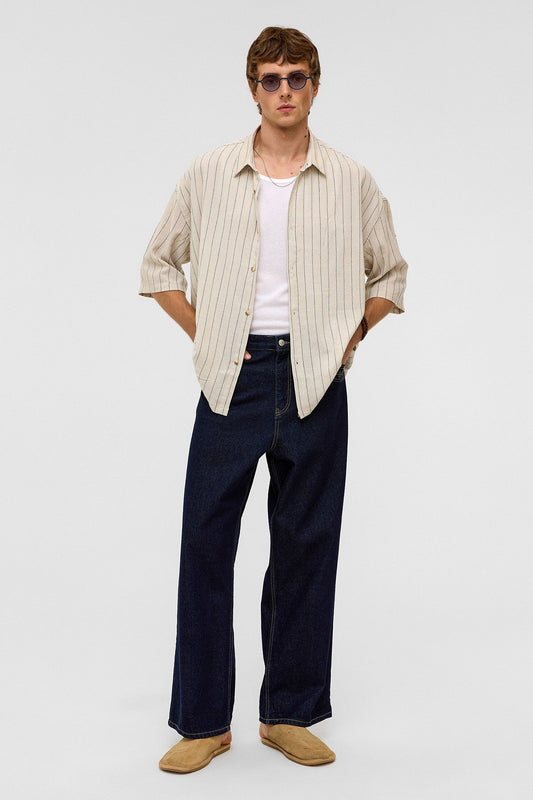Oversized Striped Short-Sleeved Linen Shirt