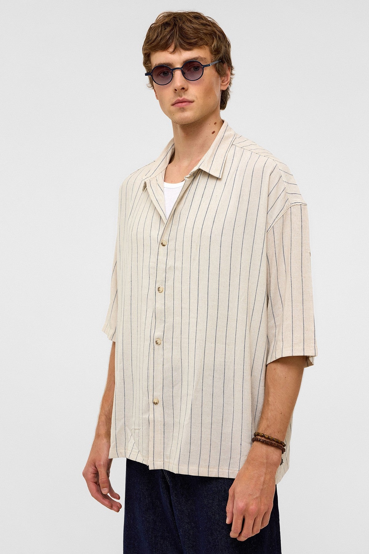 Oversized Striped Short-Sleeved Linen Shirt