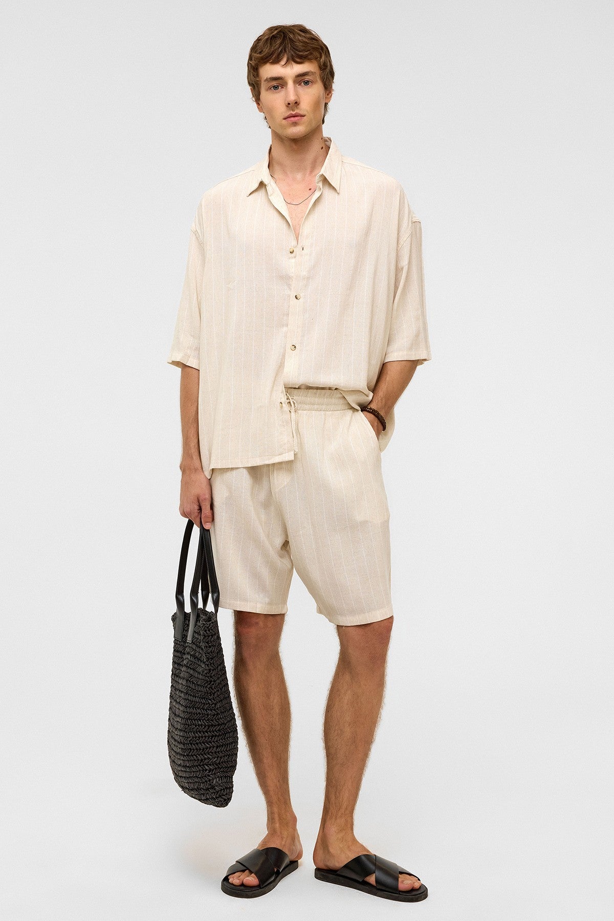 Oversized Striped Short-Sleeved Linen Shirt