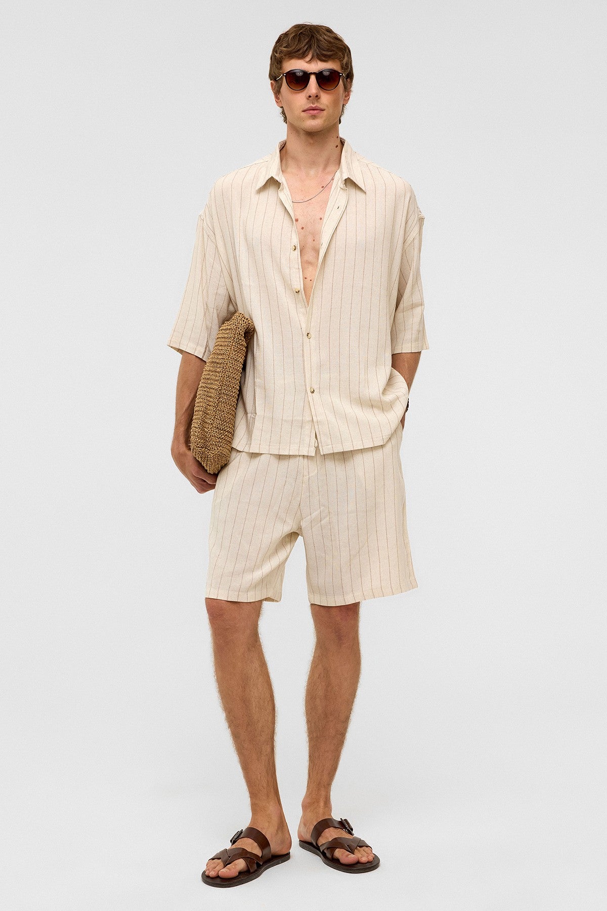 Oversized Striped Short-Sleeved Linen Shirt