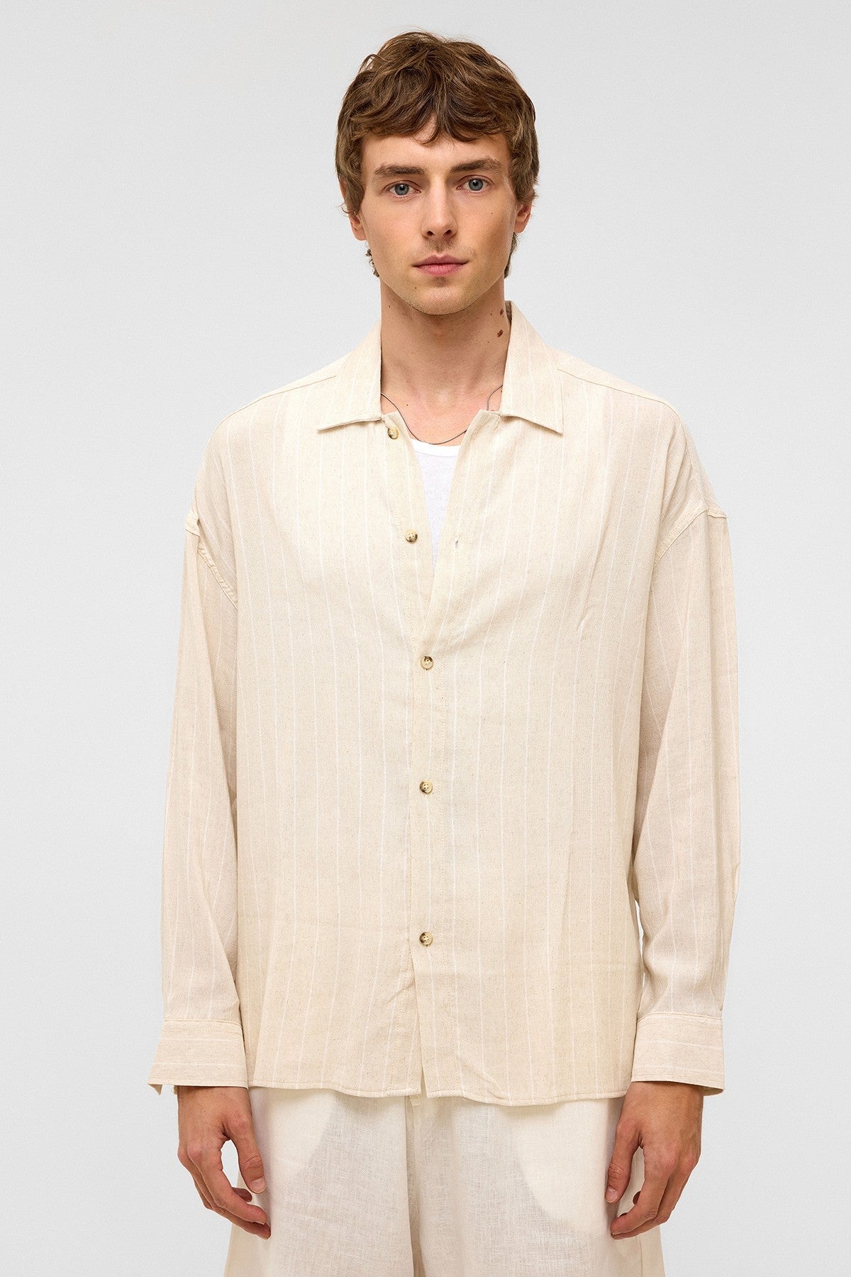 Oversized Long-Sleeved Striped Linen Shirt
