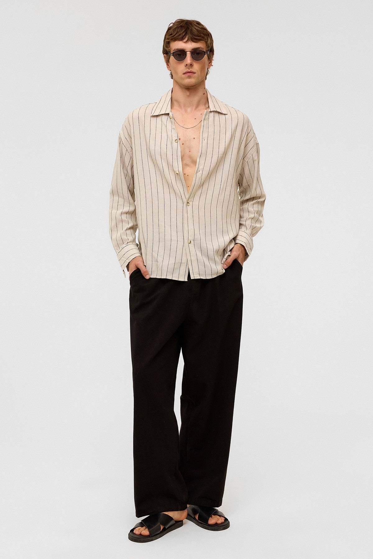 Oversized Long-Sleeved Striped Linen Shirt