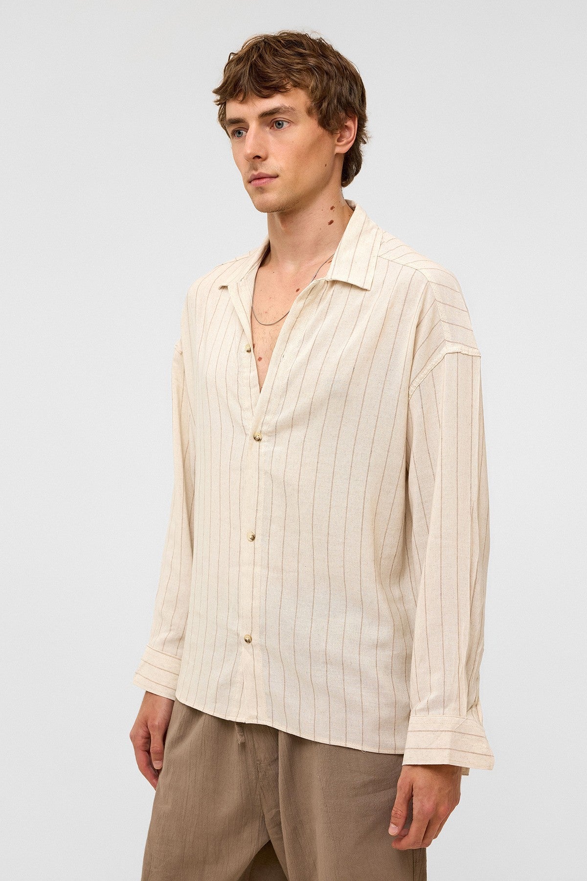 Oversized Long-Sleeved Striped Linen Shirt