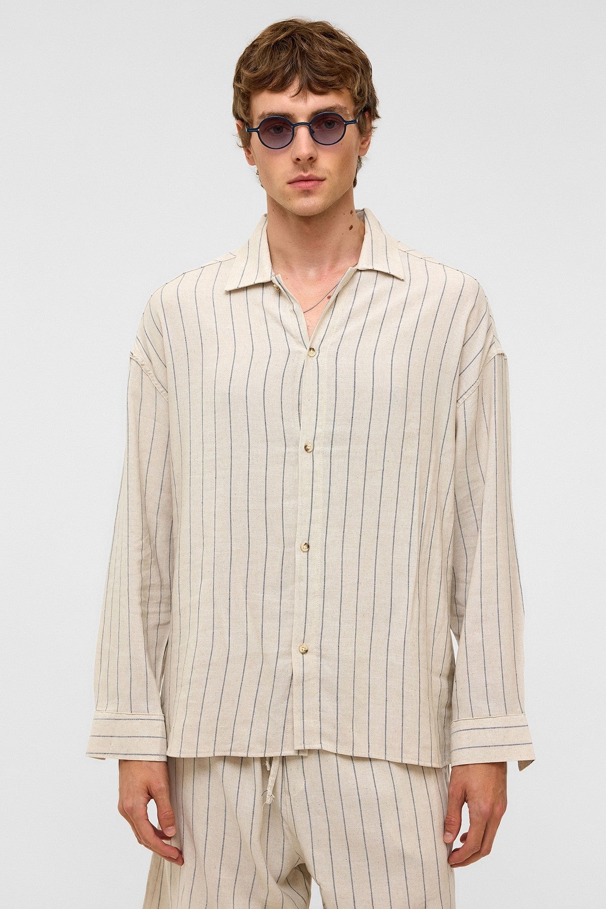 Oversized Long-Sleeved Striped Linen Shirt