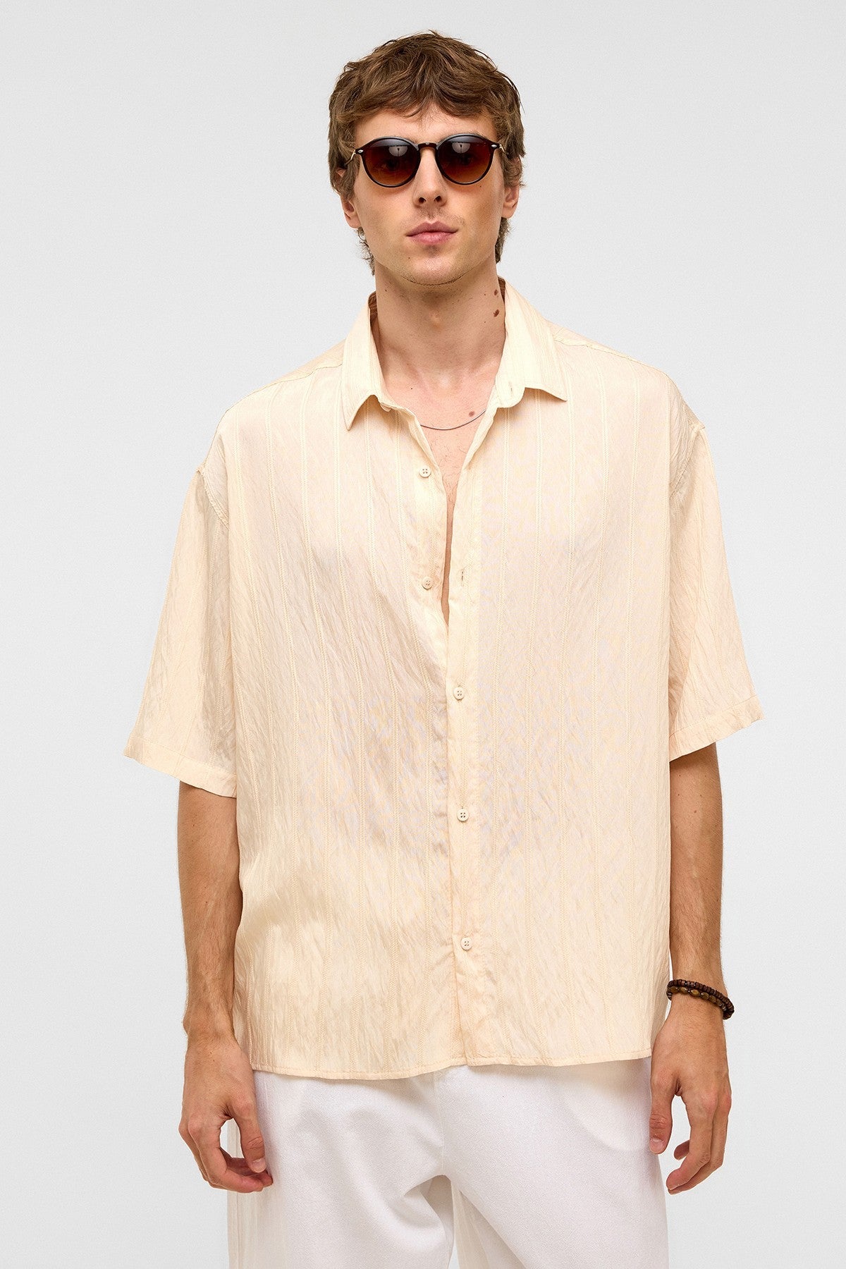 Oversized Striped Short-Sleeved Modal Shirt