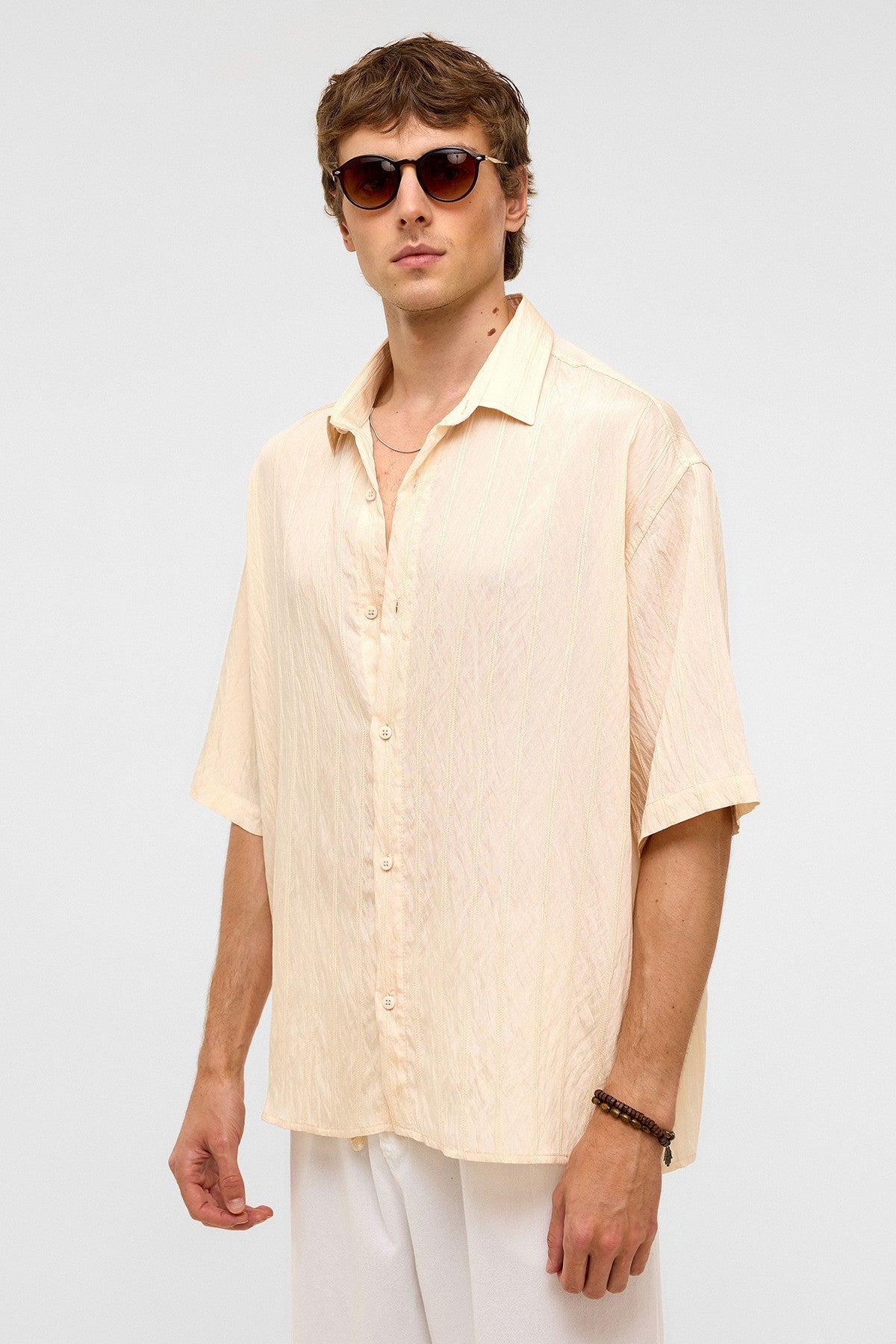 Oversized Striped Short-Sleeved Modal Shirt