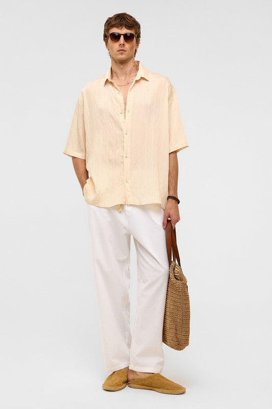 Oversized Striped Short-Sleeved Modal Shirt