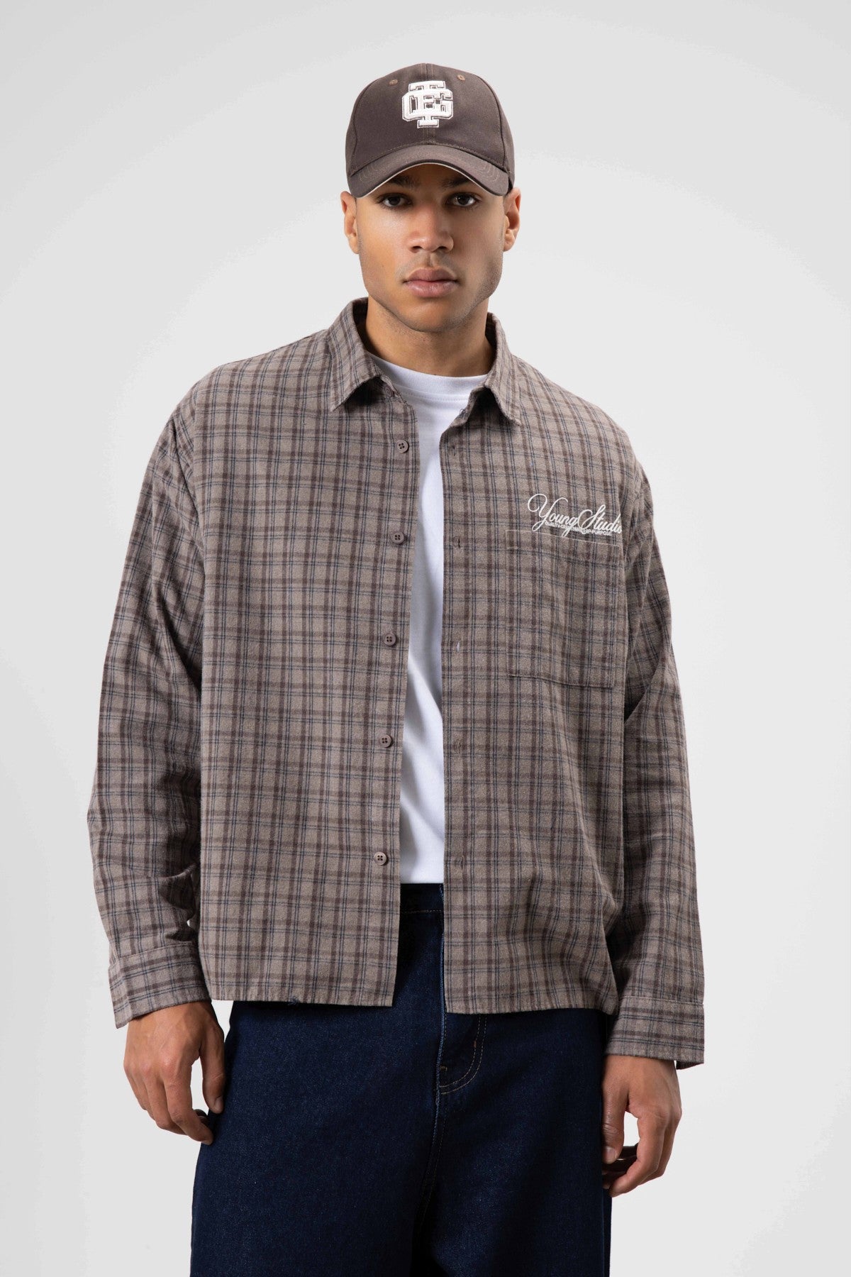 Oversized Checkered Long-Sleeve Shirt with Back Print