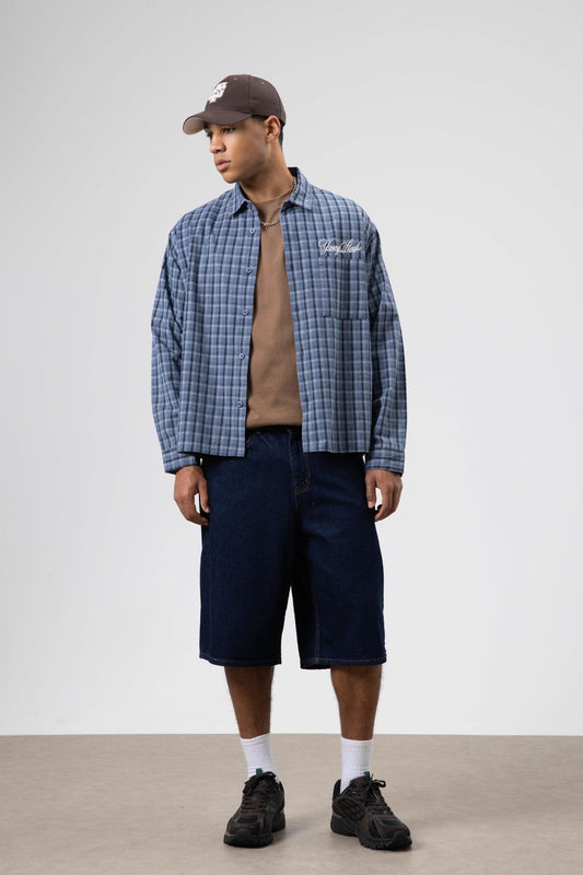 Oversized Checkered Long-Sleeve Shirt with Back Print