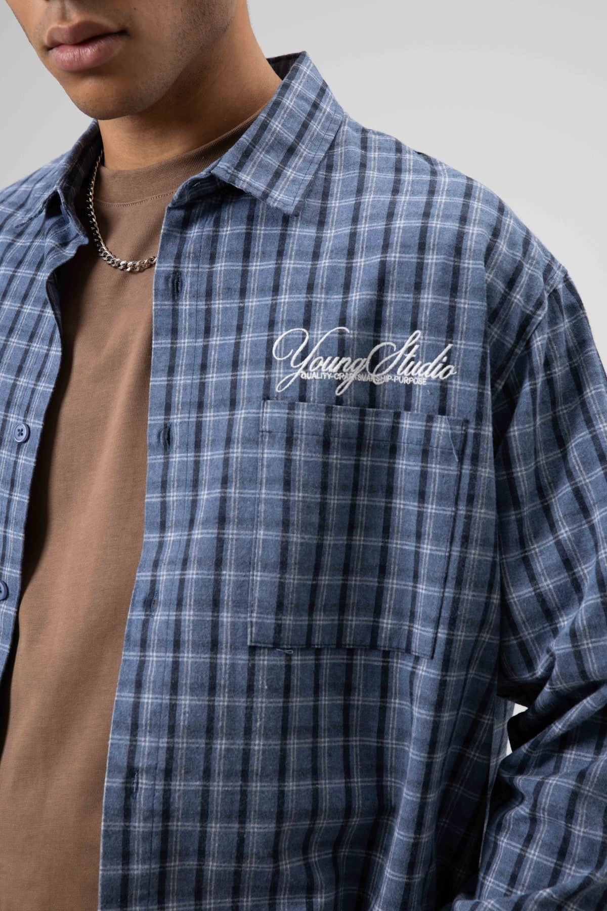 Oversized Checkered Long-Sleeve Shirt with Back Print