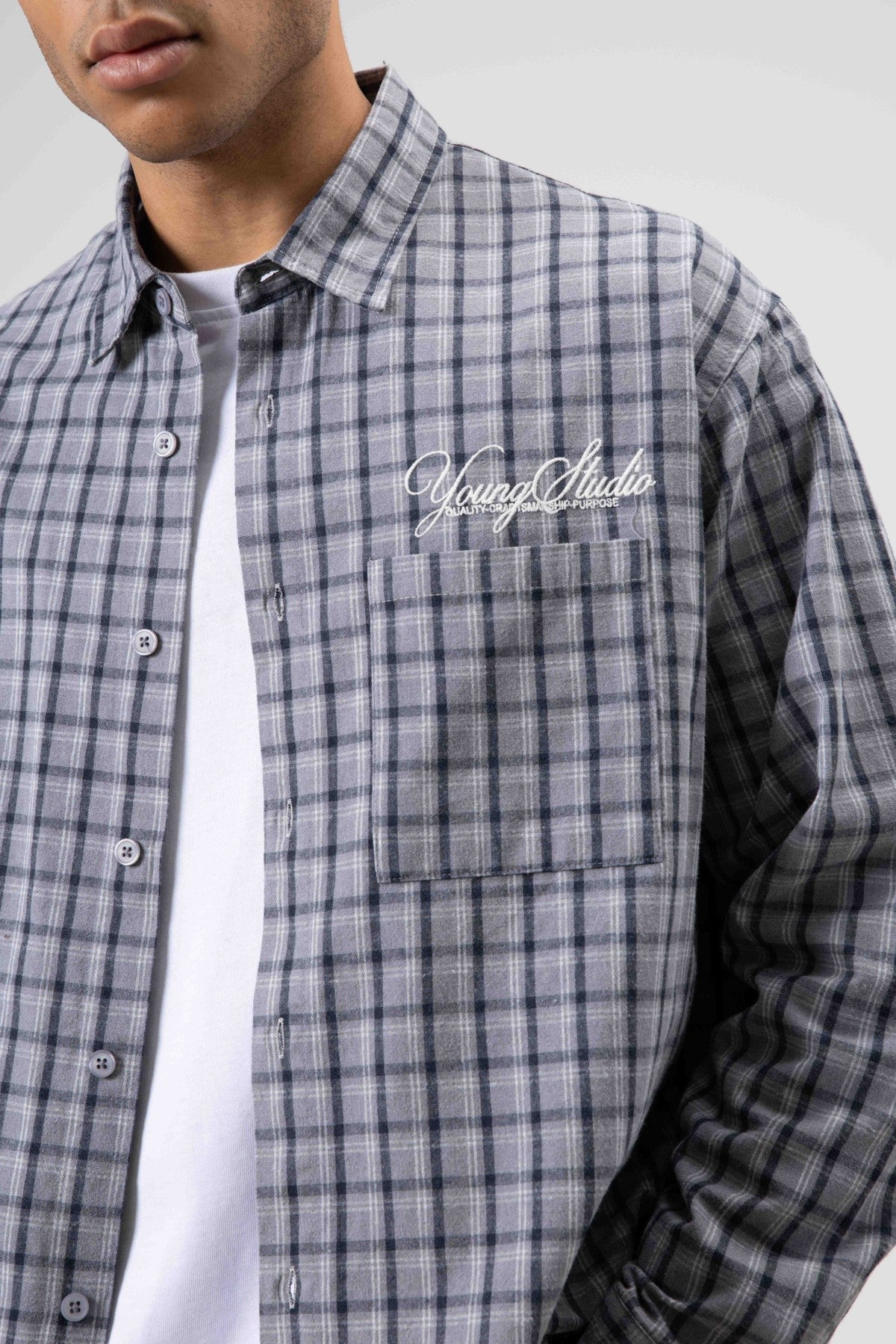 Oversized Checkered Long-Sleeve Shirt with Back Print